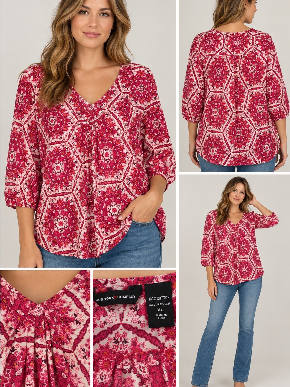 New York & Company Pink-Red Printed V-Neck Peasant Blouse